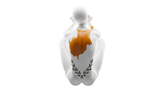 A stylized human figure shrouded in the colors of the Cyprus national flag, isolated on black.