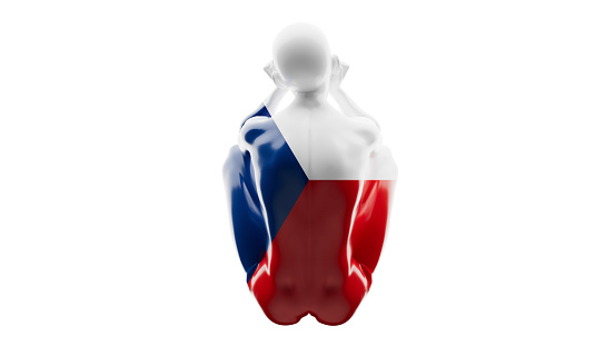 Elegant portrayal of a statue-like figure draped in the Czech Republic flag hues, against dark backdrop.