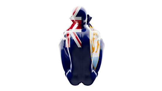 An abstract figure wrapped in the blue ensign of Anguilla, accentuated with the Union Jack and coat of arms.
