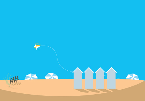 Minimalist style illustration of a summer beach with scenery with locker rooms and kite
