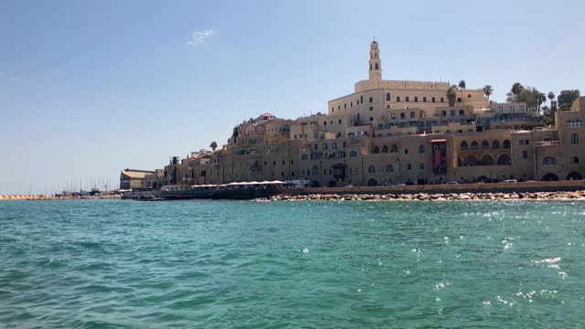 Old Jaffa. Tel Aviv Israel. Panorama of the ancient Arab city from the sea, Mediterranean yachting.
