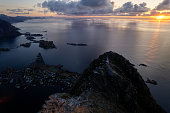 Aerial of Reinebringen mountain hike in Lofoten, Norway at sunrise