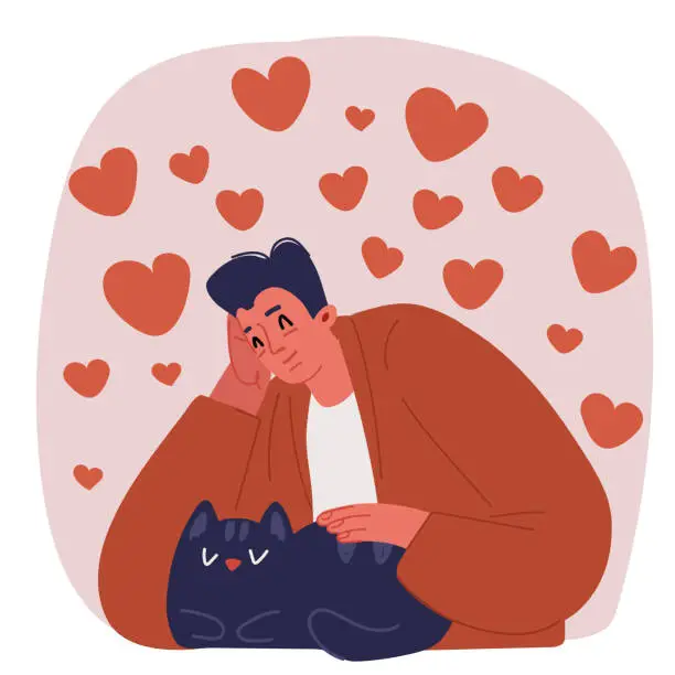 Vector illustration of Boyfriend Holding his Dog and Girlfriend Holding her Cat. Married couple adopting domestic animals as companion