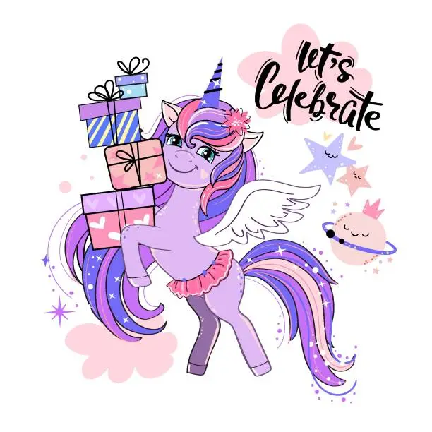 Vector illustration of Beautiful birthday purpure unicorn with present and lettering let's celebrate. Vector cartoon illustration. Card for children