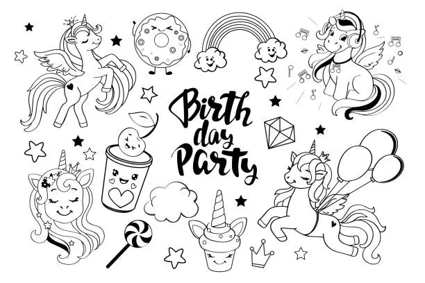 Vector illustration of Collection of unicorns and the inscription happy birthday on a white background. Vector cartoon illustration coloring book for children one line