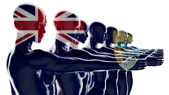 Human forms blend with the Union Jack and the intricate coat of arms of South Georgia and the South Sandwich Islands.