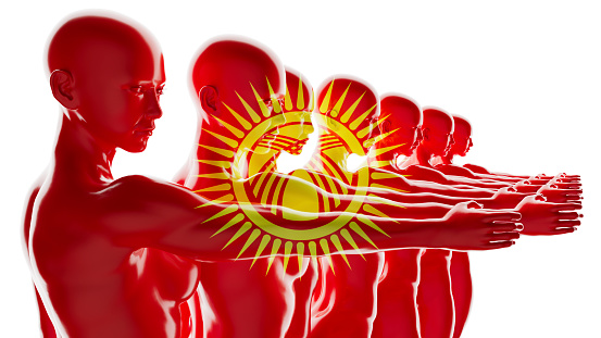 A line of silhouettes transition into the vibrant sun and yurt emblem of the Kyrgyz flag.