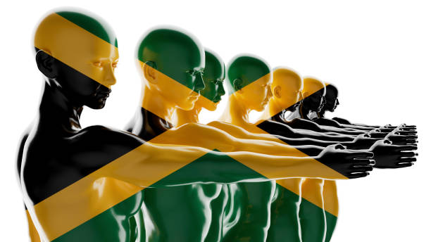 istock Human Figures in Row with Jamaica Flag Colors Transitioning on Black Background 2109653582