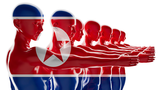 Line of human figures morphing with the North Korea flag, symbolizing development.