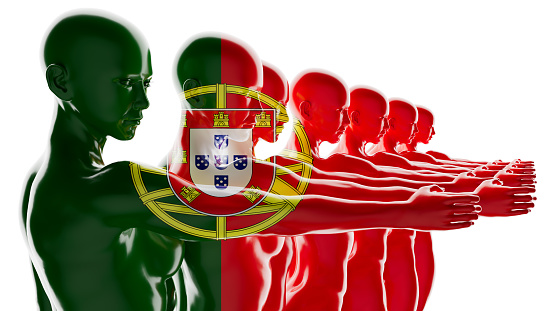 A sequence of figures wrapped in the Portuguese flag, symbolizing a strong national heritage.
