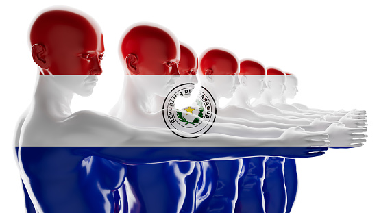 A lineup of figures transitioning into the Paraguayan flag, depicting national unity and identity.