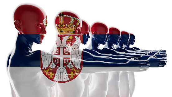 Human figures depicted in a gradient into the Serbian flag, echoing the country's regal symbolism.