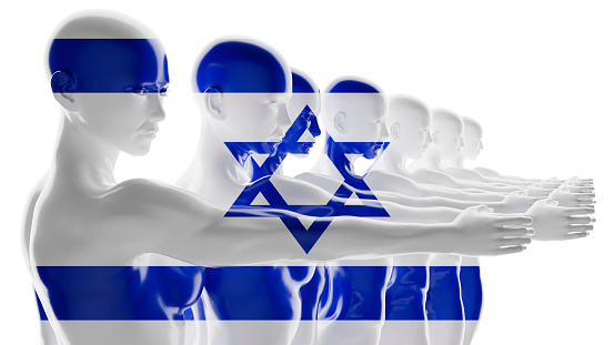 A lineup of figures gradually fading with overlay of Israel's flag colors and Star of David.