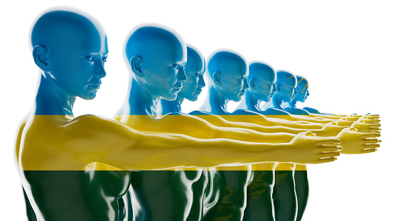 A series of figures embody the striking colors of Gabon's flag, representing national harmony.