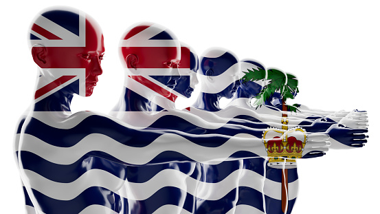 Figures draped in UK and British Overseas Territory flag colors with wave pattern on black.