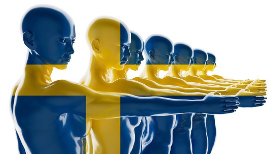 Sequential figures merge into the blue and yellow of Sweden's flag, depicting unity and continuity.