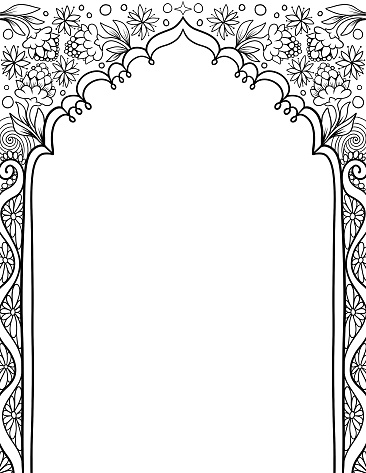 Indian gate frame template for invitation, banner, wedding design, black outline on white background