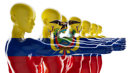 A digital image blending human silhouettes with the vibrant Ecuadorian flag to create a striking visual metaphor of unity.
