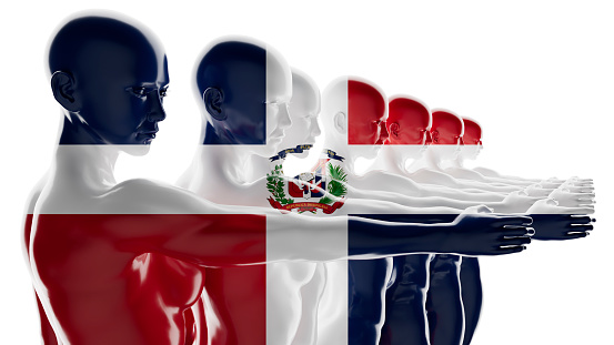 Digital art of aligned silhouettes shaded in the national colors of the Dominican Republic flag, depicting solidarity and identity.