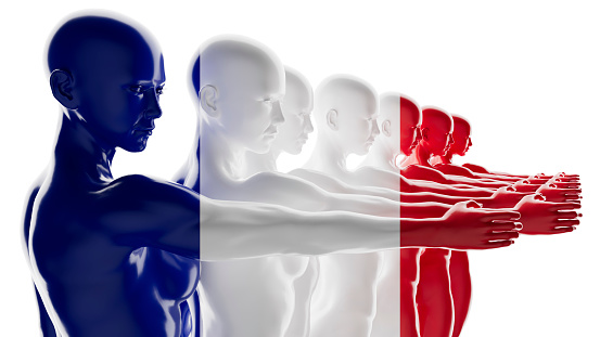 Sequential silhouettes of human figures transforming into the French flag, representing unity.