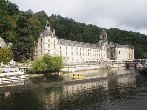 Ludwigslust, Germany - October 3, 2016: The front view of the Ludwigslust palace with garden lake in foreground 