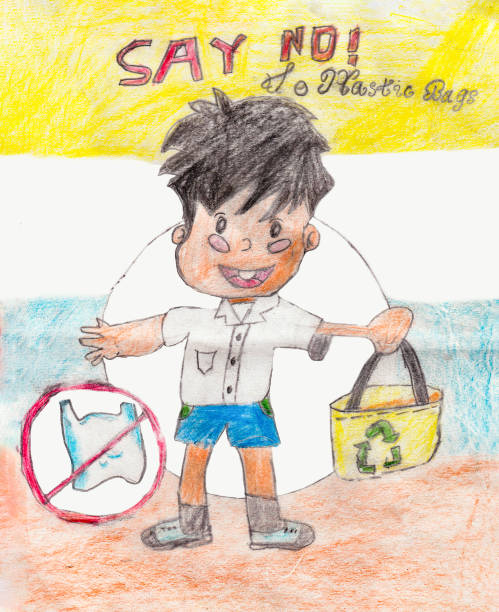 istock Crayon Childish Drawing for World Environment Earth Day Theme No Plastic, Grow Trees, Save Planet 2109699109