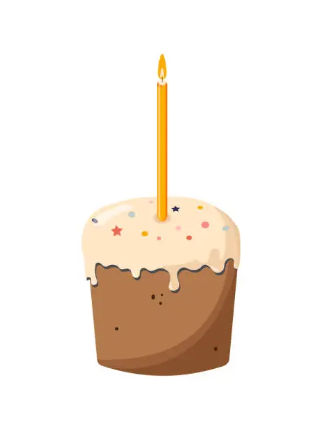 Vector illustration of Easter cake with a burning candle on a white background for the Easter holiday. Vector.