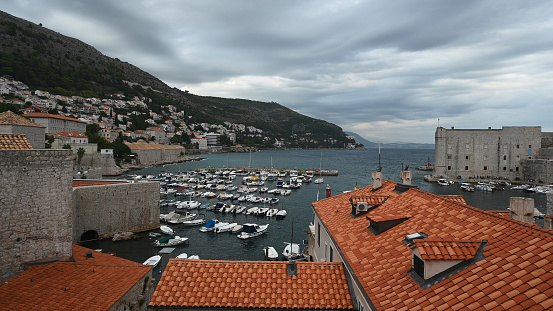 Elevated view of Dubrovnik, showing historic center and tiled roofs