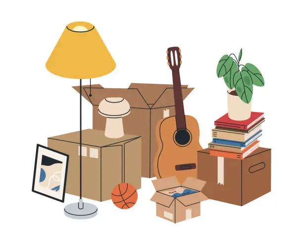 Vector illustration of Carton moving boxes. Moving stuff in cardboard boxes, boxes with clothes, books and potted plant flat vector illustration. New home moving concept on white