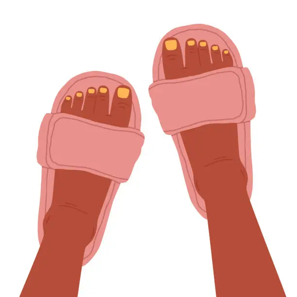 Vector illustration of Feet in domestic slippers. Female feet with pedicure wearing home footwear, women feet in fluffy, cozy faux fur shoes flat vector illustration. Cute house shoes on feet