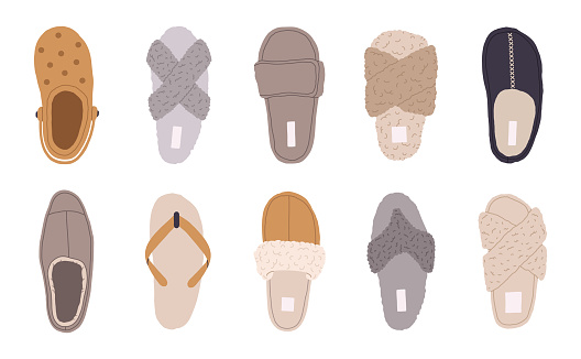 Cozy domestic slippers. Home soft and comfy footwear, fluffy slippers, flip flops and male and female textile house shoes flat vector illustration set. Indoor footwear collection