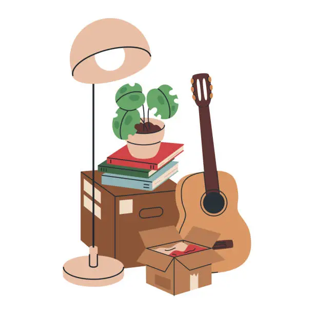 Vector illustration of New home moving boxes. Cartoon moving stuff in boxes, cardboard boxes with clothes, books and floor lamp flat vector illustration. Moving concept on white