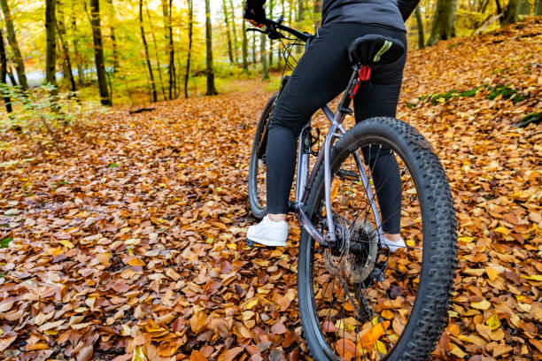 istock Woman riding bicycle in forest 2109737208