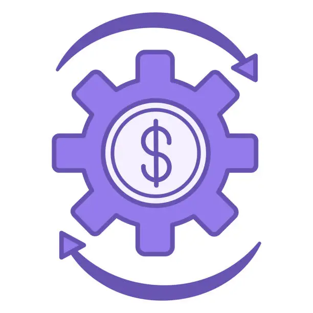 Vector illustration of Money Management Color Icon. Vector Icon of Gear with Dollar Sign and Arrow. Investments, Financial Circulation, Financial Transactions, Income from Funds. Accounting Concept