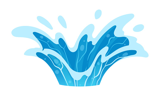 Cartoon water splashing. Blue water splash funnel, clean aqua splash flat vector illustration. Transparent water motion