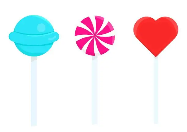 Vector illustration of A set of candies on a stick. Various sweet lollipops on a stick on an isolated background.