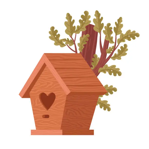 Vector illustration of Cartoon bird house. Hand crafted wooden bird house on oak tree, cute bird nest with feeder flat vector illustration. Nesting bird house on tree