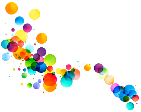 A dynamic array of translucent, multicolored bubbles soars across a white background, creating a lively and vibrant abstract scene.