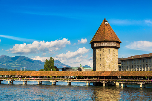 View at Famous Chapel bridge in Lucerne in a beautiful summer day, Switzerland