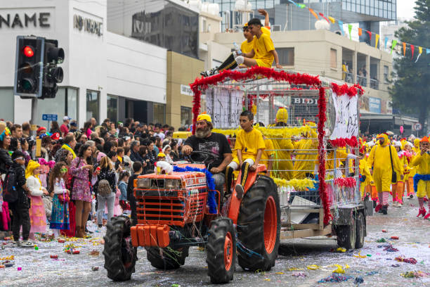 Limassol, Cyprus, March 17th, 2024: Tractor with platform at Grand Carnival Parade