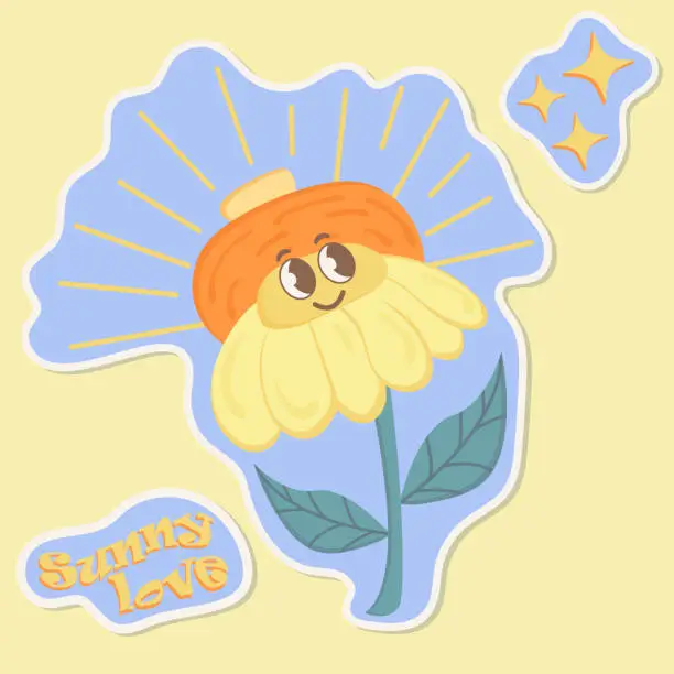 Vector illustration of A sticker of a smiling daisy in a retro-style straw hat.
