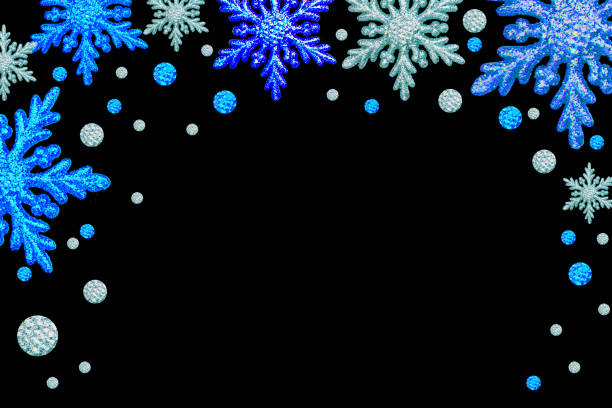 Christmas frame silver blue snowflakes Black background Border sequin confetti Glitter powder sparkling Festive symbol Xmas holiday season Dots Snow Flake Decoration New Year glitter Toy Copy space