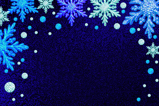 Christmas frame silver blue snowflakes Dark blue background Border sequin confetti Glitter sparkling Frosting winter Xmas holiday season Dots Snow Flake Decoration New Year glitter Toy Copy space