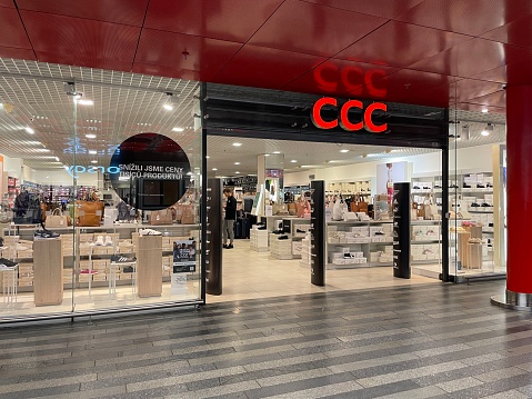Prague, Czech Republic - March 06, 2024: CCC shoes and bags store front in Prague main railway station.
