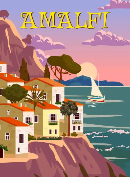Vector illustration of Amalfi Coast Italy, Mediterranean romantic landscape, mountains, seaside town, sea. Retro poster travel