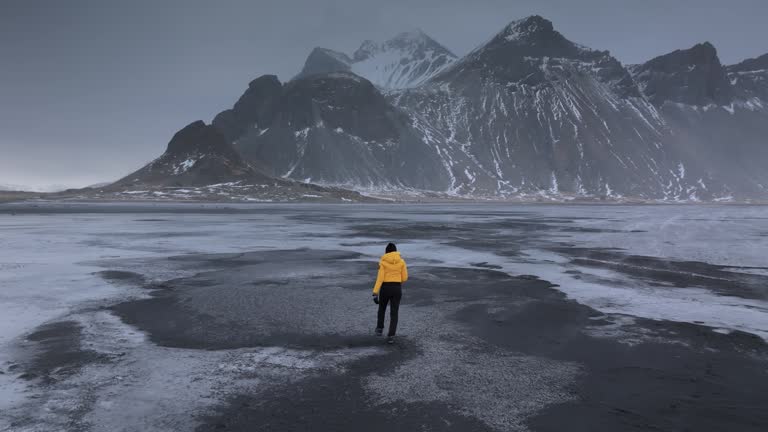 Yellow jacket across frozen lake toward Vestrahorn, Iceland (1)