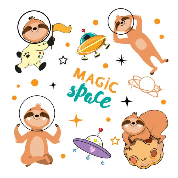 Vector illustration of Collection of cartoon sloths in space on white background