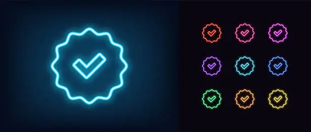 Vector illustration of Outline neon Verified badge icon set. Glowing neon blue tick sign, approved checkmark. Verified user in social media, certified and original account, confirmed profile, verification mark. Vector icons