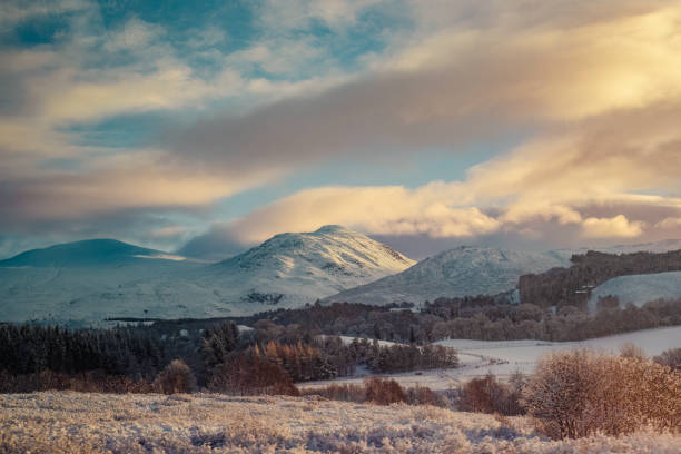 Snow-capped mountains at sunset, including Stob Coire Sgriodain, in the Scottish highlands