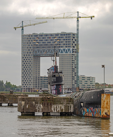 Amsterdam, Netherlands - May 18, 2018: Decommissioned Zulu Class Soviet Navy Submarine Northern Fleet Docked at Canal.